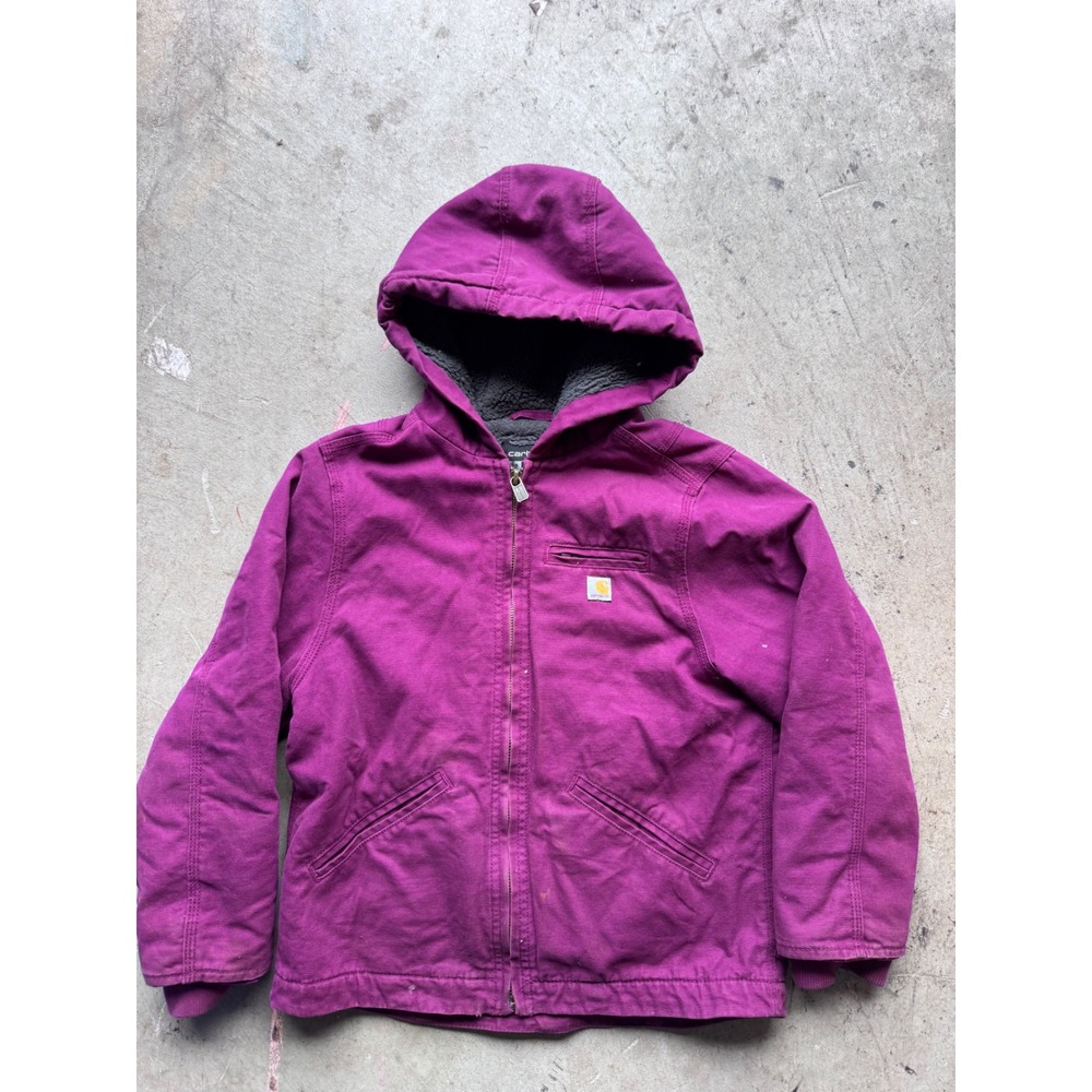 Carhartt Kids Magenta Purple Sherpa Lined Canvas Hooded Jacket Size S 7-8